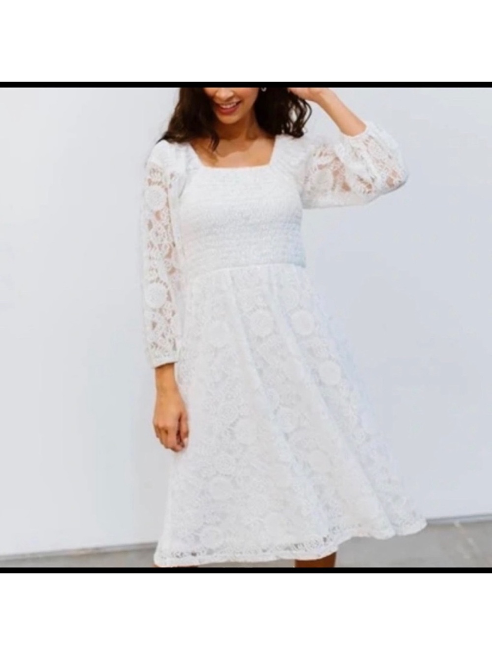 Baltic Born Brisbane White Lace Square-Neck Smocked Midi Dress